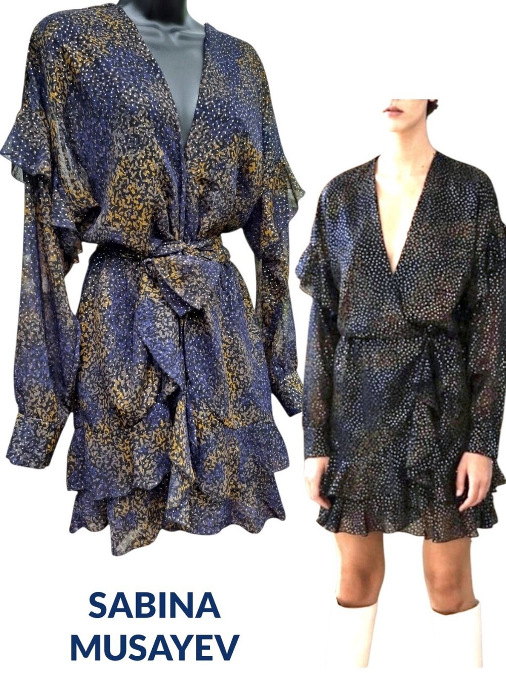 Sabina Musayev Semi Sheer, V Neck Long-Sleeve Tiered Ruffle Dress Size M - NEW